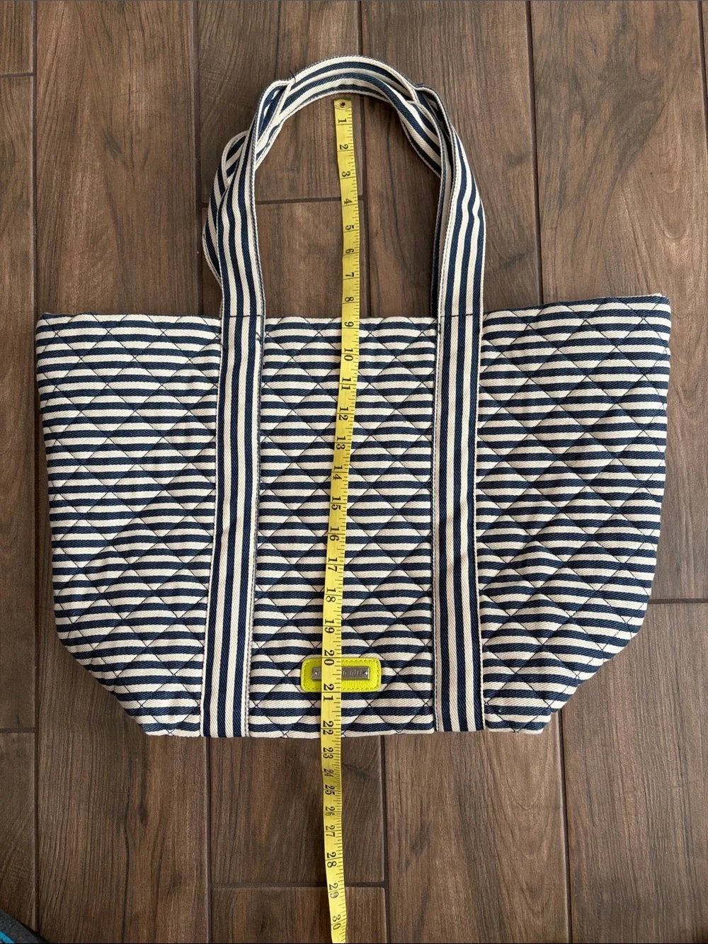 Madden Girl Navy and White Quilted Striped Tote with Bright Yellow Green Accent